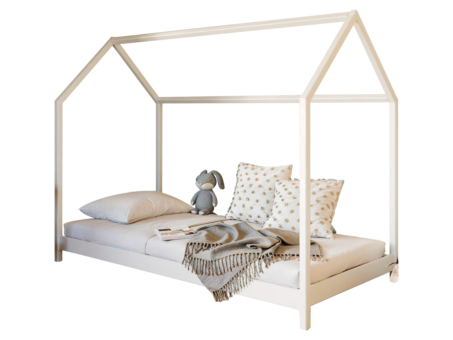 Lit de maison lit d'enfant 90x200 cm lit avec sommier à lattes lit d'enfant lit simple lit de jeu lit de maison à baldaquin en option avec matelas bois de pin massif blanc ou naturel garçon fille 200x90 cm