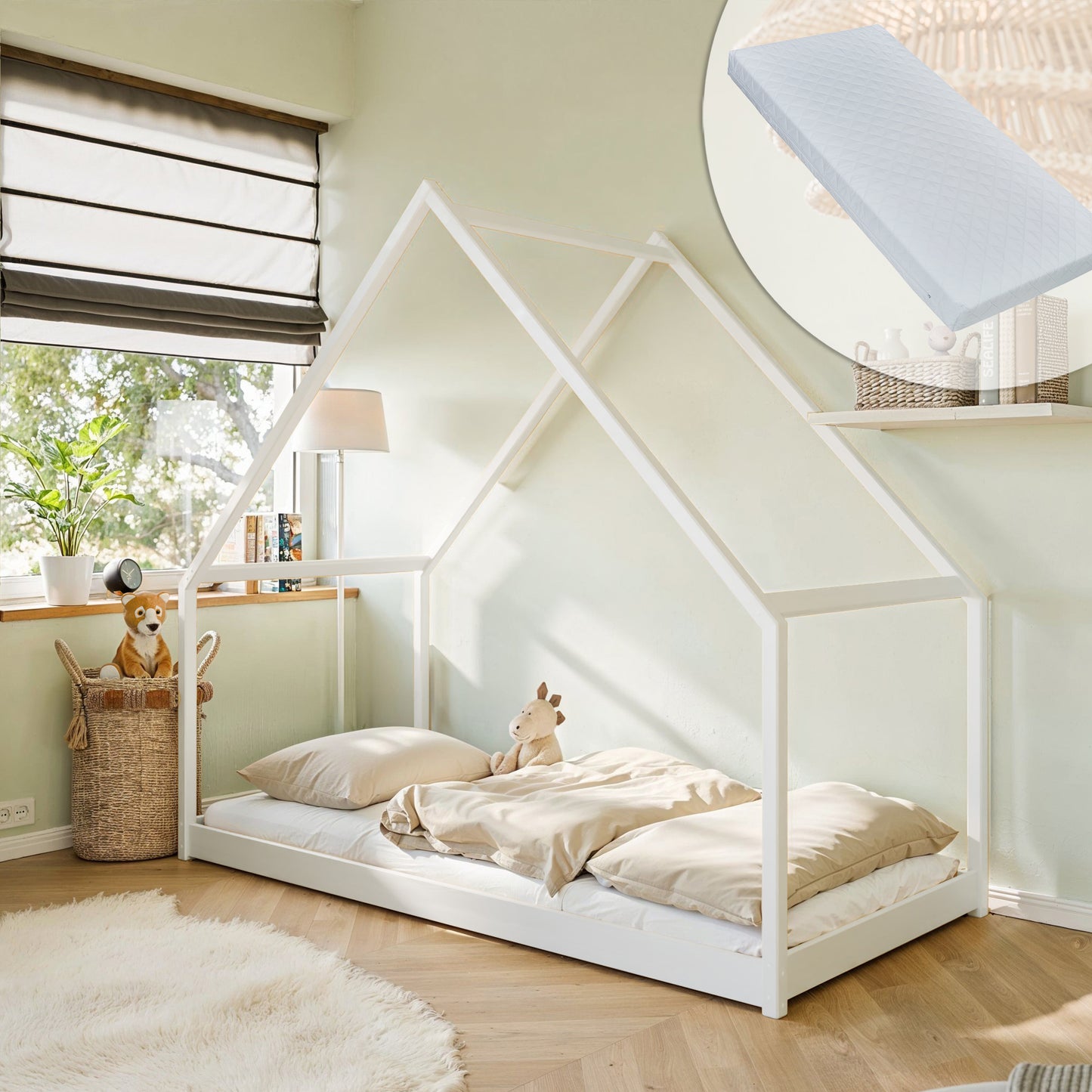 Lit maison lit enfant 90x200 cm lit avec sommier à lattes lit enfant lit maison lit à baldaquin en option avec matelas bois de pin massif blanc ou naturel garçon fille 200x90 cm