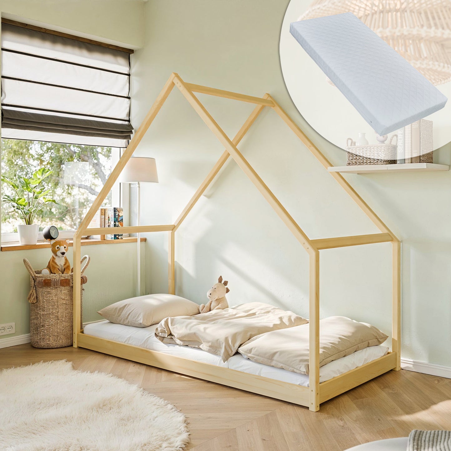 Lit maison lit enfant 90x200 cm lit avec sommier à lattes lit enfant lit maison lit à baldaquin en option avec matelas bois de pin massif blanc ou naturel garçon fille 200x90 cm