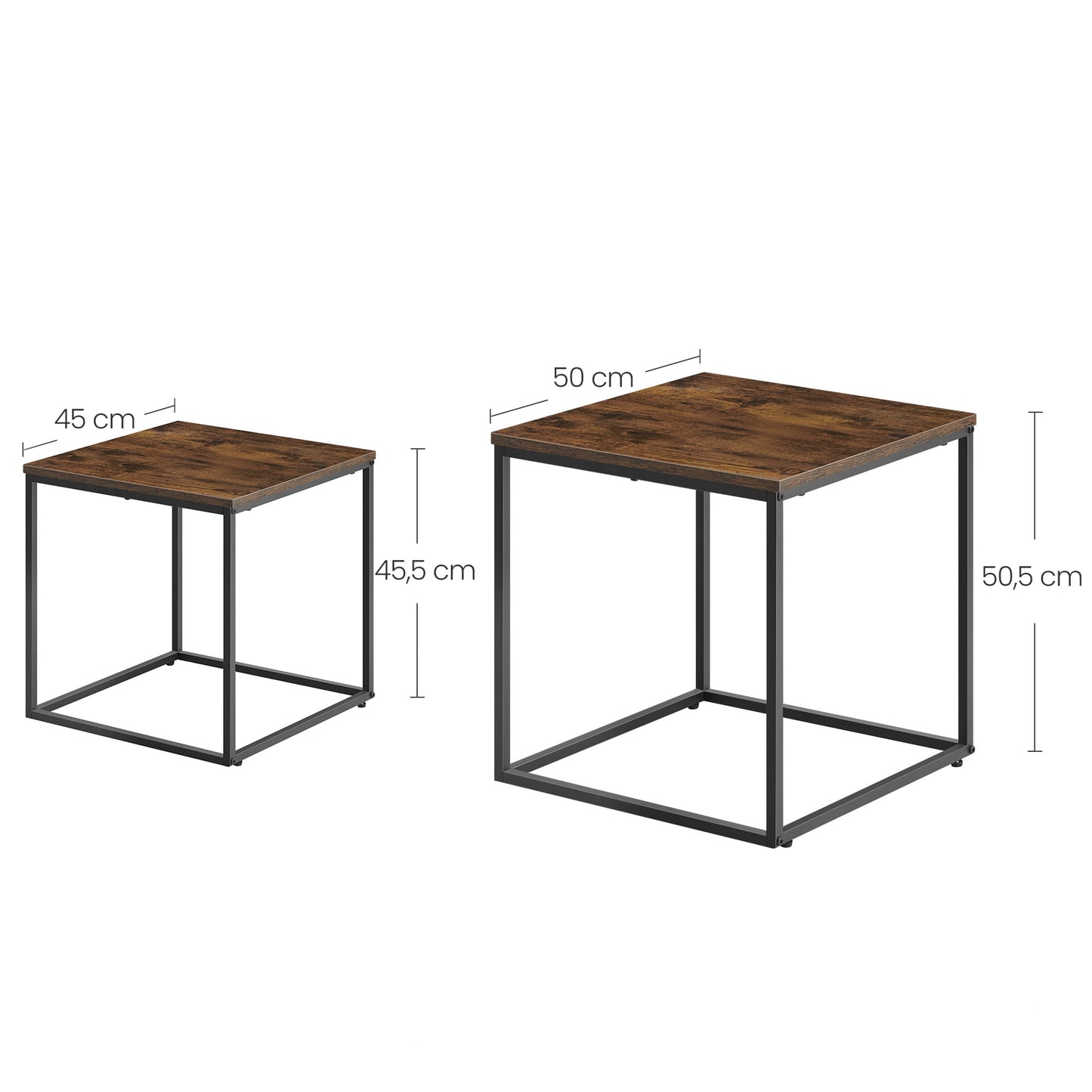 Lot de 2 tables basses carrées d'appoint design loft 2 en 1 avec surface anti-rayures pour salon | 50 cm et 45 cm de large