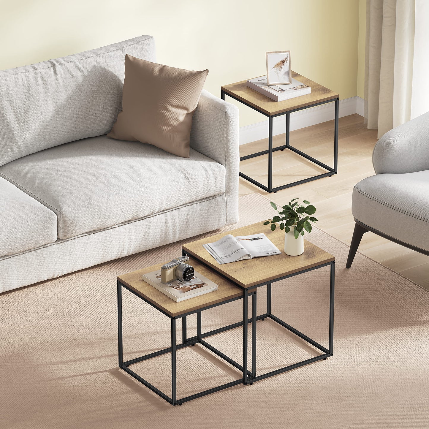 Lot de 2 tables basses carrées d'appoint design loft 2 en 1 avec surface anti-rayures pour salon | 50 cm et 45 cm de large