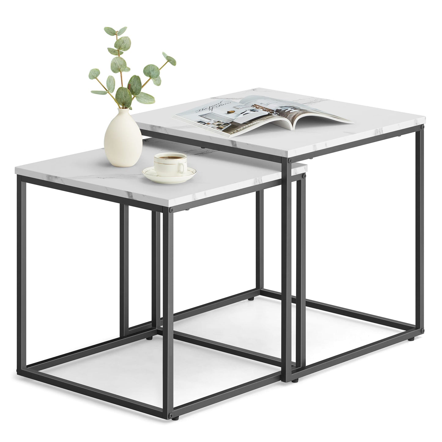 Lot de 2 tables basses carrées d'appoint design loft 2 en 1 avec surface anti-rayures pour salon | 50 cm et 45 cm de large