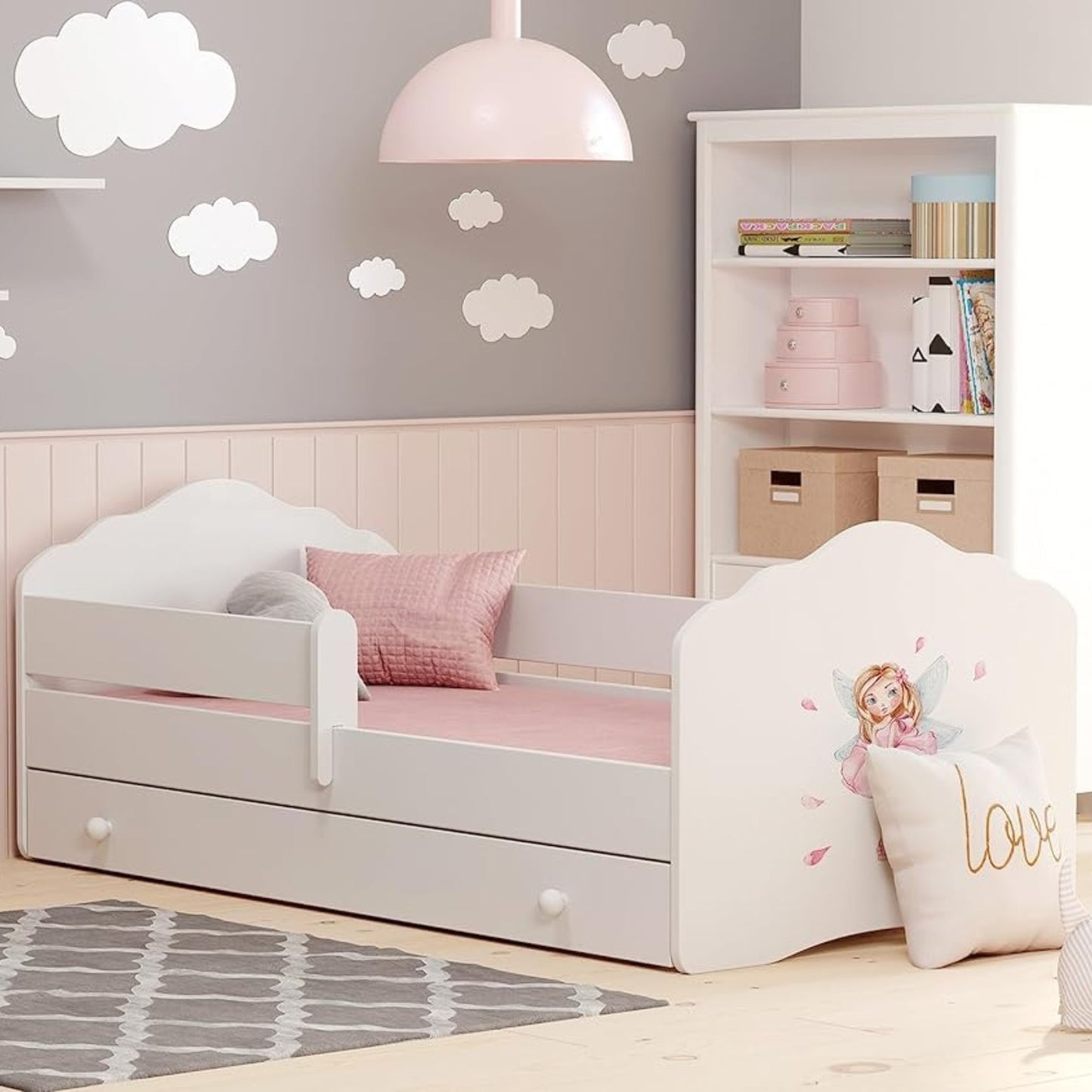 Lit d'enfant 70x140 &amp; 80x160 cm avec matelas et tiroir, sommier à lattes et protection antichute amovible lit pour enfant ensemble complet lit protection contre les chutes lit d'enfant lit d'adolescent lit simple lit complet