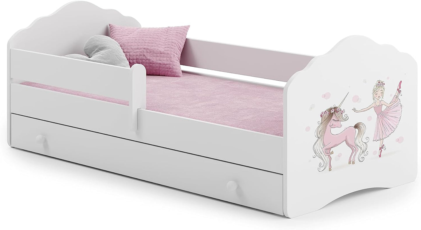 Kinderbett 70x140 & 80x160 cm mit Matratze und Schublade, Lattenrost & abnehmbarer Rausfallschutz Bett für Kinder Bett komplett Set Bed Rausfallschutz Kinderbett Jugendbett Einzelbett Komplettbett