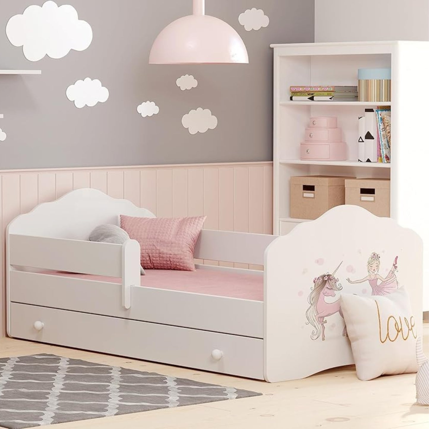 Kinderbett 70x140 & 80x160 cm mit Matratze und Schublade, Lattenrost & abnehmbarer Rausfallschutz Bett für Kinder Bett komplett Set Bed Rausfallschutz Kinderbett Jugendbett Einzelbett Komplettbett