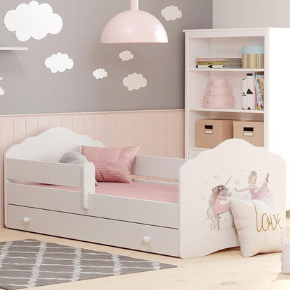 Lit d'enfant 70x140 &amp; 80x160 cm avec matelas et tiroir, sommier à lattes et protection antichute amovible lit pour enfant ensemble complet lit protection contre les chutes lit d'enfant lit d'adolescent lit simple lit complet