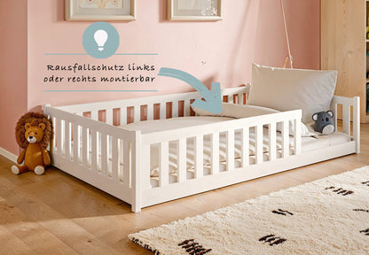 Kinderbett Bodenbett 90x200 | 120x200 | 140x200cm Bett mit Rausfallschutz & Lattenrost Montessori Bett Bed Gitterbett Kinder Jugendbett Einzelbett optional mit Matratze | weiß oder natur Kiefer Holz massiv Junge Mädchen