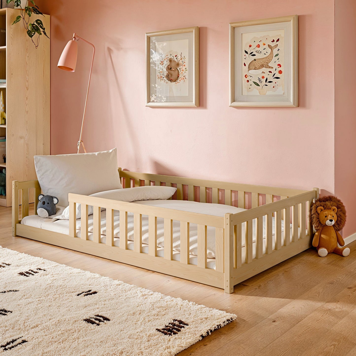 Kinderbett Bodenbett 90x200 | 120x200 | 140x200cm Bett mit Rausfallschutz & Lattenrost Montessori Bett Bed Gitterbett Kinder Jugendbett Einzelbett optional mit Matratze | weiß oder natur Kiefer Holz massiv Junge Mädchen