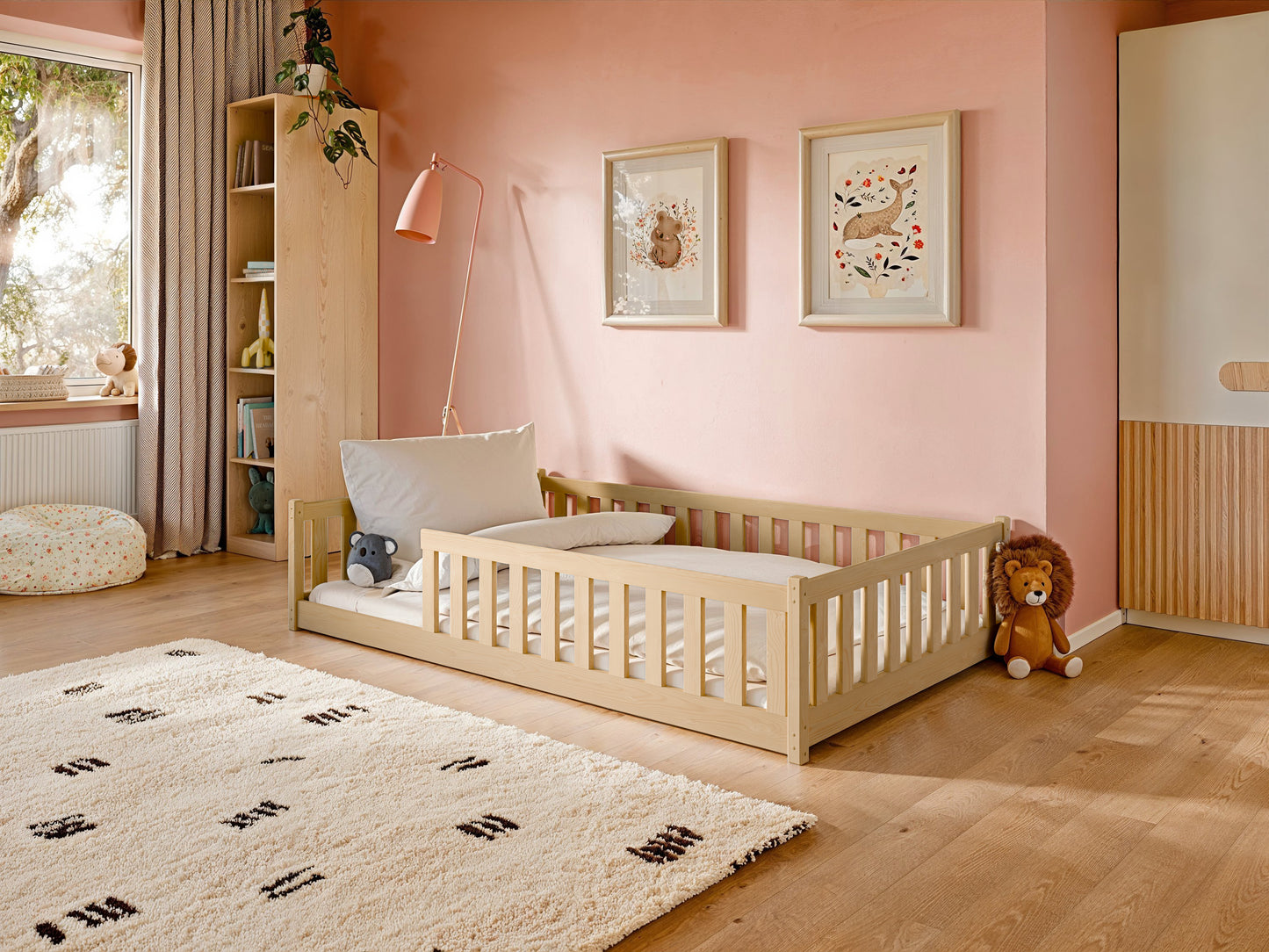 Lit enfant lit au sol 90x200 | 120x200 | Lit 140x200cm avec protection contre les chutes et sommier à lattes Lit Montessori Lit d'enfant Lit d'adolescent Lit simple en option avec matelas bois de pin blanc ou naturel massif garçon fille