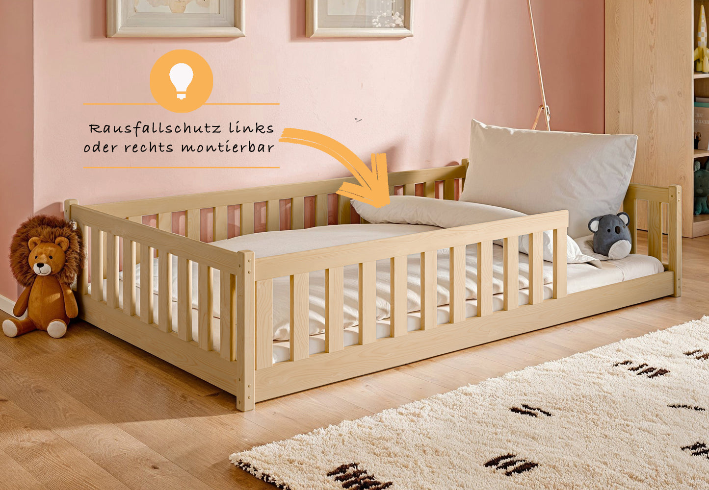 Lit enfant lit au sol 90x200 | 120x200 | Lit 140x200cm avec protection contre les chutes et sommier à lattes Lit Montessori Lit d'enfant Lit d'adolescent Lit simple en option avec matelas bois de pin blanc ou naturel massif garçon fille