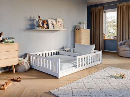 Kinderbett Bodenbett 90x200 | 120x200 | 140x200cm Bett mit Rausfallschutz & Lattenrost Montessori Bett Bed Gitterbett Kinder Jugendbett Einzelbett optional mit Matratze | weiß oder natur Kiefer Holz massiv Junge Mädchen