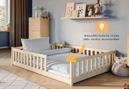 Lit enfant lit au sol 90x200 | 120x200 | Lit 140x200cm avec protection contre les chutes et sommier à lattes Lit Montessori Lit d'enfant Lit d'adolescent Lit simple en option avec matelas bois de pin blanc ou naturel massif garçon fille