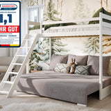 Hochbett 90x200 cm weiß mit Schlafsofa 140x200 cm Couch in Cord-Stoff OEKO-TEX 100 mit 3 Kissen, Etagenbett Stockbett 200x90 mit Leiter und Schlafcouch 200x140