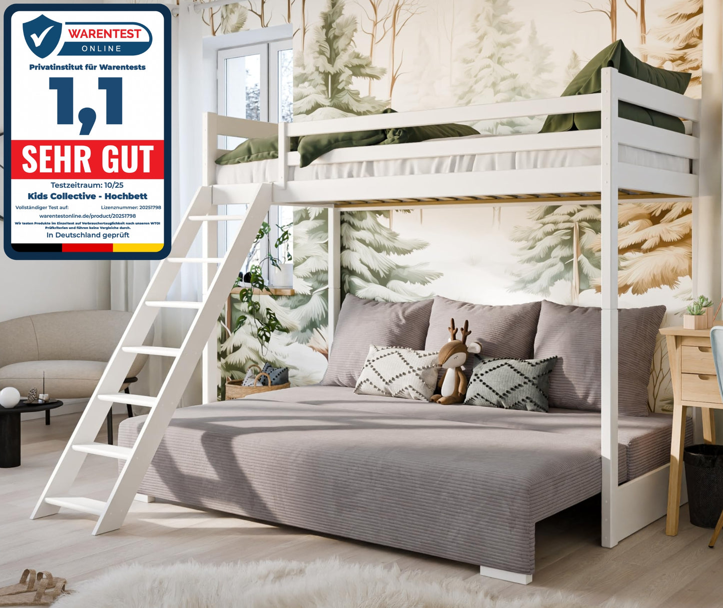 Hochbett 90x200 cm weiß mit Schlafsofa 140x200 cm Couch in Cord-Stoff OEKO-TEX 100 mit 3 Kissen, Etagenbett Stockbett 200x90 mit Leiter und Schlafcouch 200x140