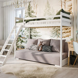 Hochbett 90x200 cm weiß mit Schlafsofa 140x200 cm Couch in Cord-Stoff OEKO-TEX 100 mit 3 Kissen, Etagenbett Stockbett 200x90 mit Leiter und Schlafcouch 200x140