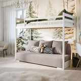 Hochbett 90x200 cm weiß mit Schlafsofa 140x200 cm Couch in Cord-Stoff OEKO-TEX 100 mit 3 Kissen, Etagenbett Stockbett 200x90 mit Leiter und Schlafcouch 200x140