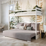 Hochbett 90x200 cm weiß mit Schlafsofa 140x200 cm Couch in Cord-Stoff OEKO-TEX 100 mit 3 Kissen, Etagenbett Stockbett 200x90 mit Leiter und Schlafcouch 200x140