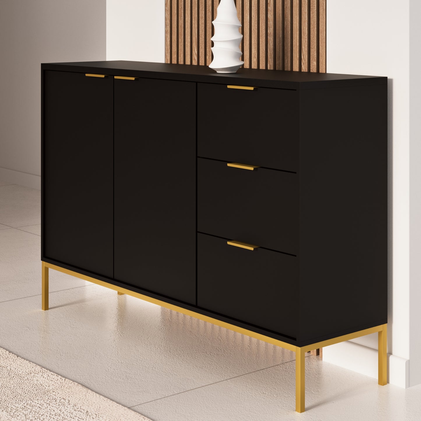 Kommode mit 3 Schubladen und 2 Schränken, modernes Sideboard, Stahlrahmen