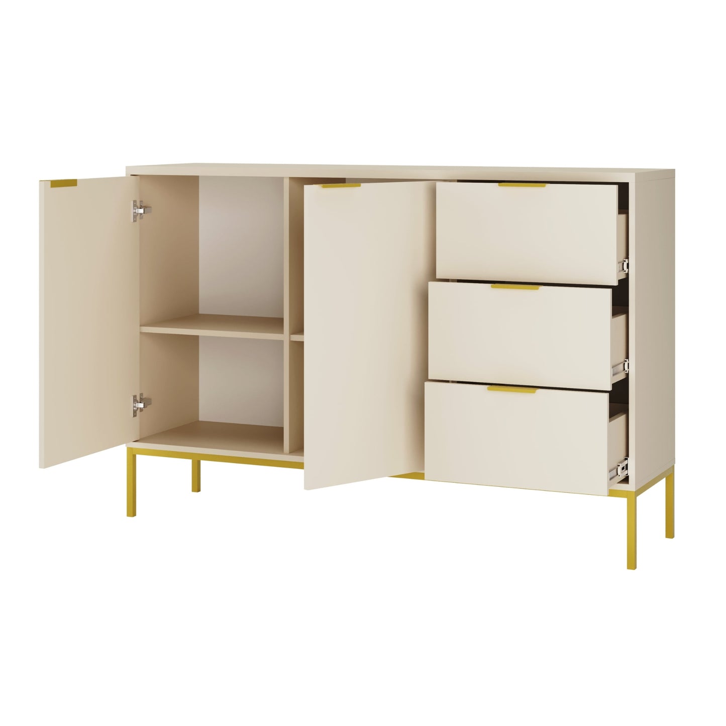 Kommode mit 3 Schubladen und 2 Schränken, modernes Sideboard, Stahlrahmen