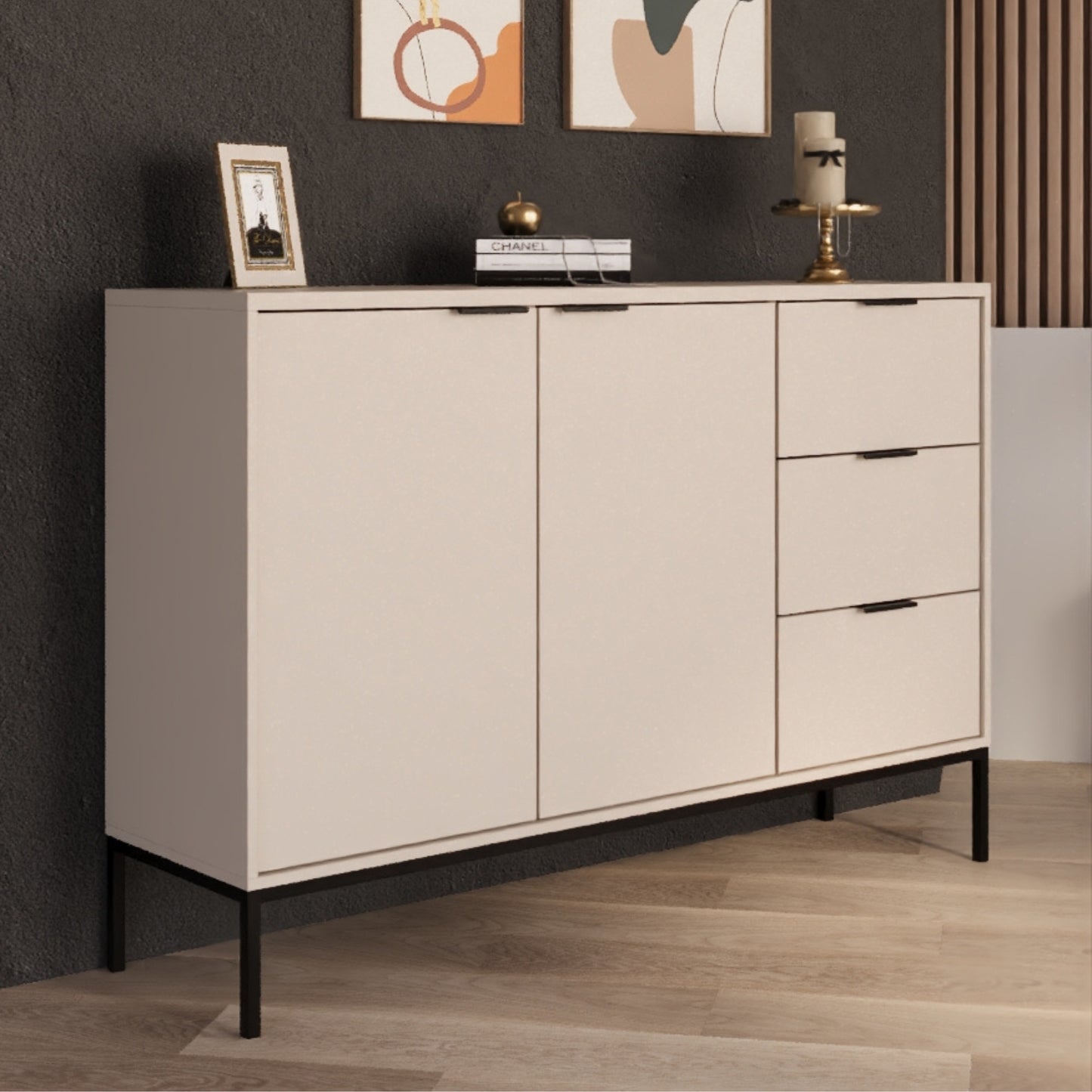 Kommode mit 3 Schubladen und 2 Schränken, modernes Sideboard, Stahlrahmen