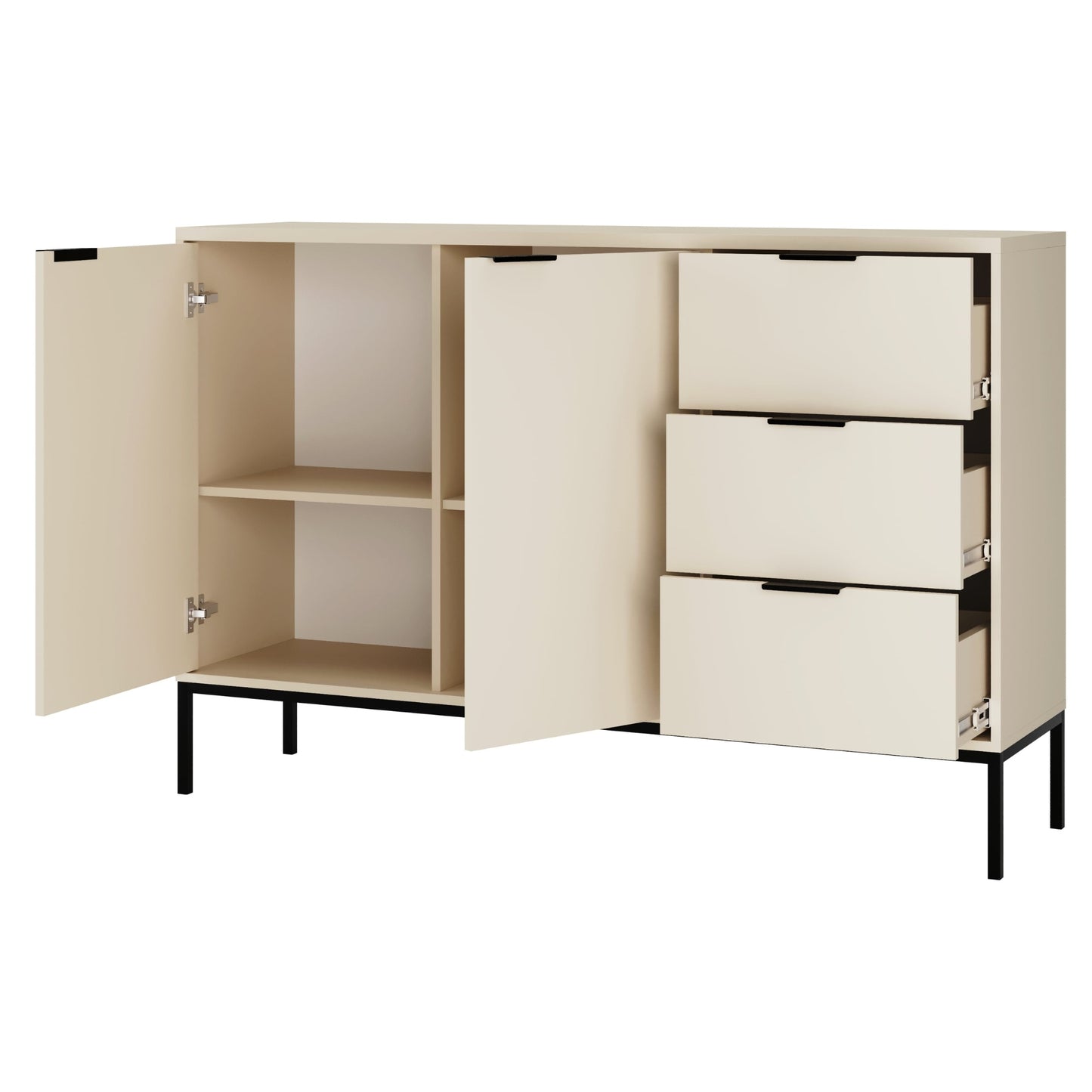 Kommode mit 3 Schubladen und 2 Schränken, modernes Sideboard, Stahlrahmen