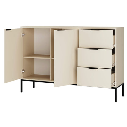 Kommode mit 3 Schubladen und 2 Schränken, modernes Sideboard, Stahlrahmen