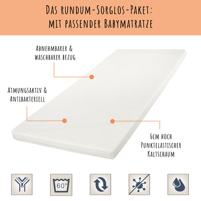 Lit bébé lit bébé 70x140 cm avec matelas convertible lit bébé réglable en hauteur | lit bébé blanc Made in Europe 140x70