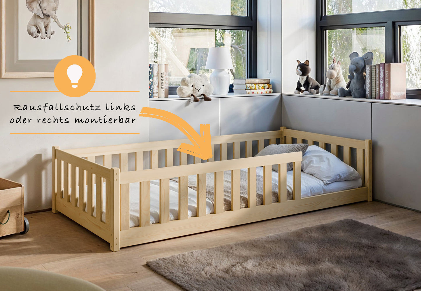 Lit enfant lit au sol 90x200 | 120x200 | Lit 140x200cm avec protection contre les chutes et sommier à lattes Lit Montessori Lit d'enfant Lit d'adolescent Lit simple en option avec matelas bois de pin blanc ou naturel massif garçon fille