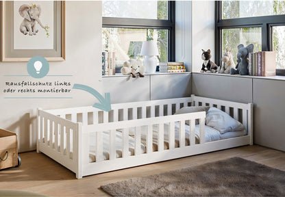 Lit enfant lit au sol 90x200 | 120x200 | Lit 140x200cm avec protection contre les chutes et sommier à lattes Lit Montessori Lit d'enfant Lit d'adolescent Lit simple en option avec matelas bois de pin blanc ou naturel massif garçon fille