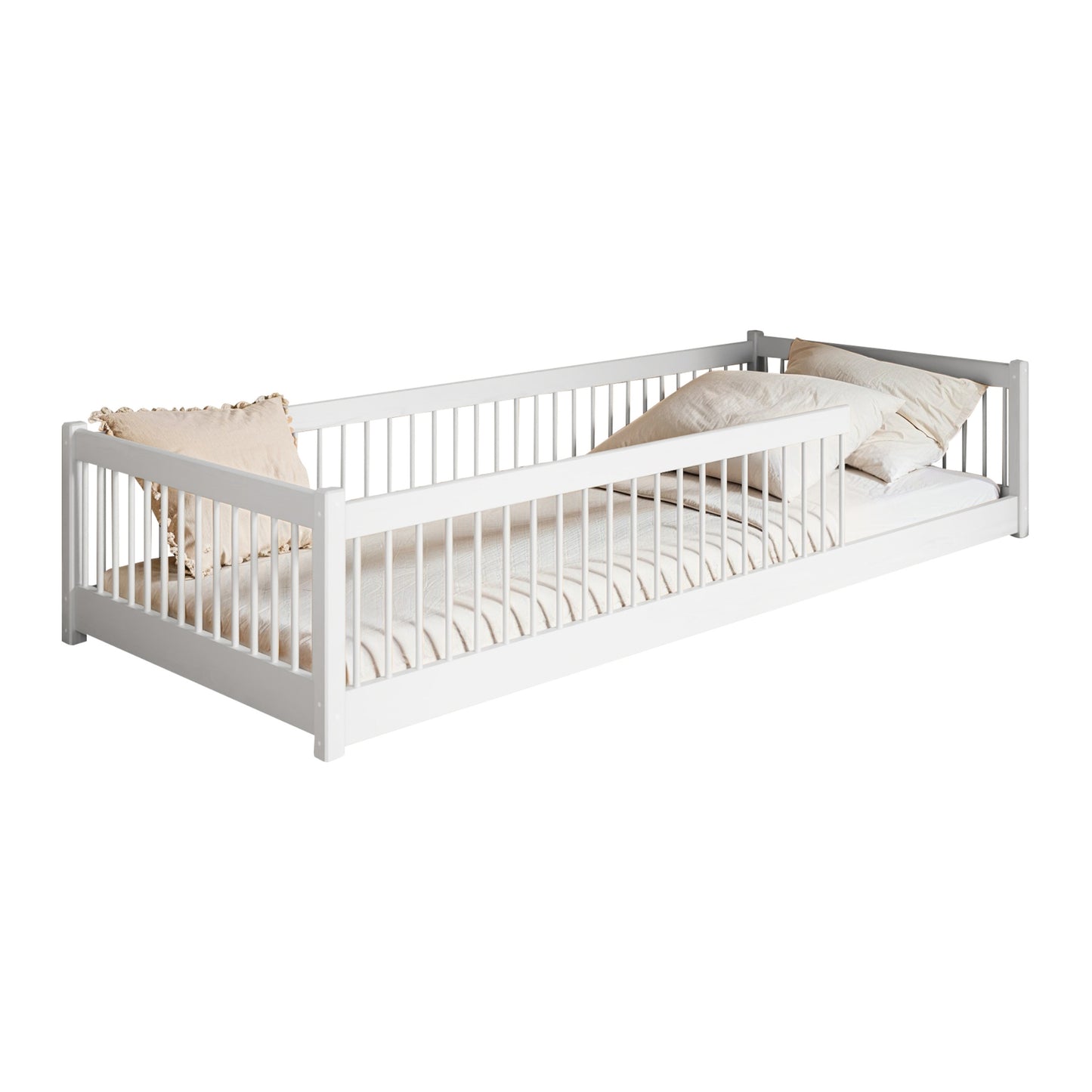 Lit enfant lit au sol 90x200 | 120x200 | Lit 140x200cm avec protection contre les chutes et sommier à lattes Lit Montessori Lit d'enfant Lit d'adolescent Lit simple en option avec matelas bois de pin blanc ou naturel massif garçon fille