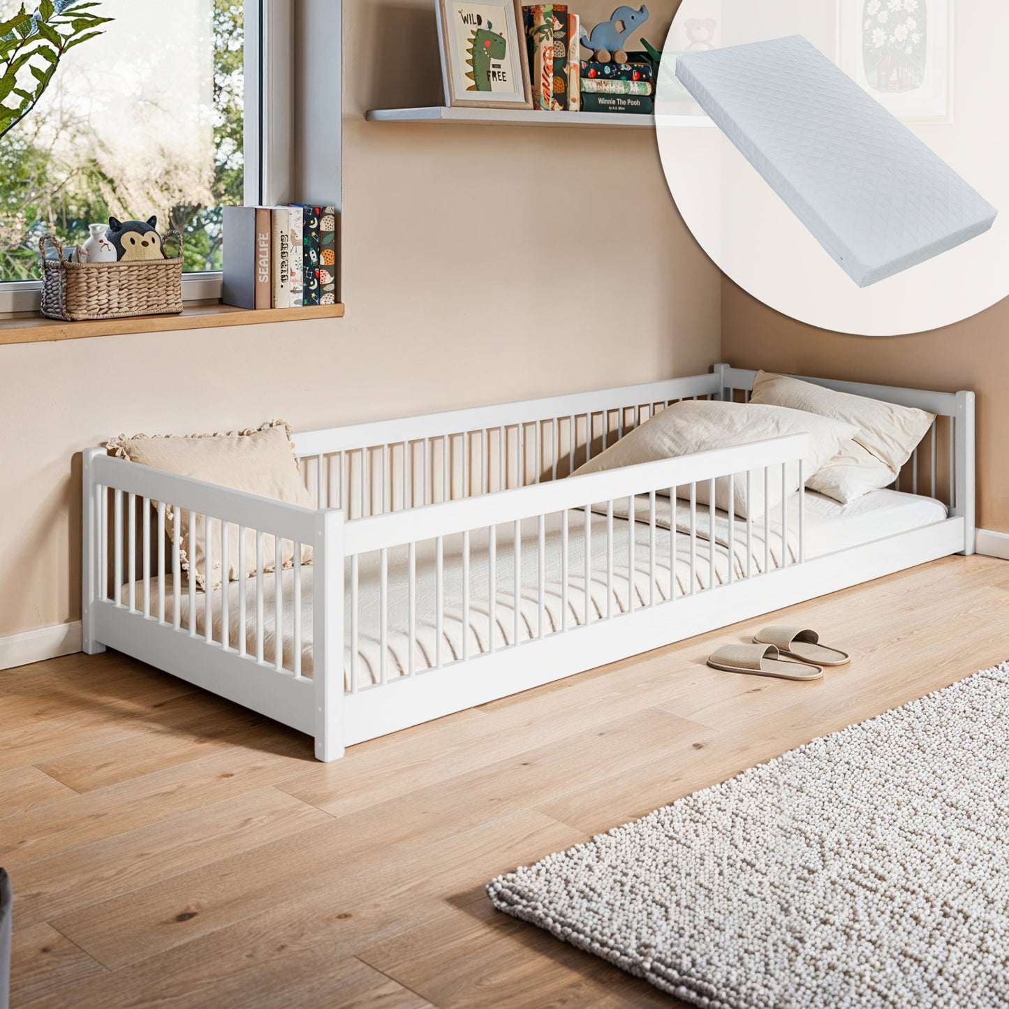 Lit enfant lit au sol 90x200 | 120x200 | Lit 140x200cm avec protection contre les chutes et sommier à lattes Lit Montessori Lit d'enfant Lit d'adolescent Lit simple en option avec matelas bois de pin blanc ou naturel massif garçon fille