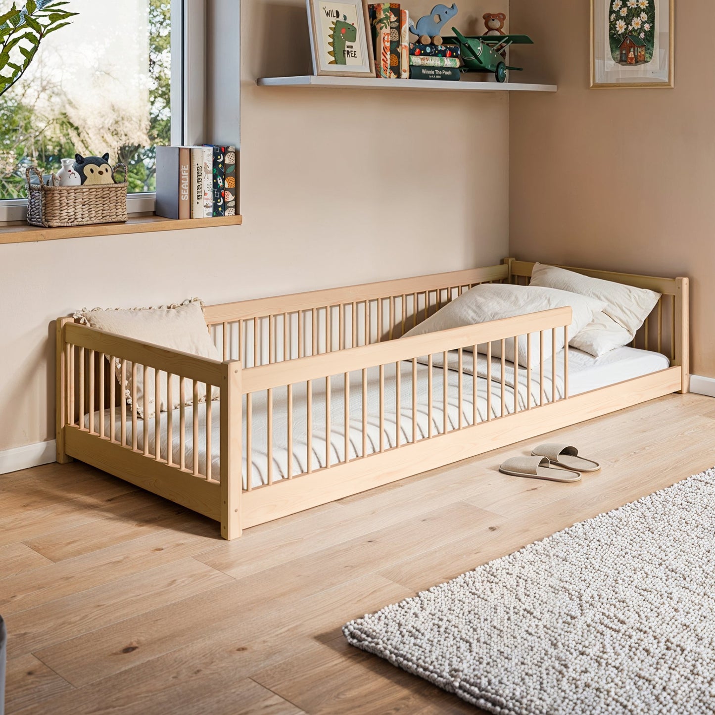 Lit enfant lit au sol 90x200 | 120x200 | Lit 140x200cm avec protection contre les chutes et sommier à lattes Lit Montessori Lit d'enfant Lit d'adolescent Lit simple en option avec matelas bois de pin blanc ou naturel massif garçon fille