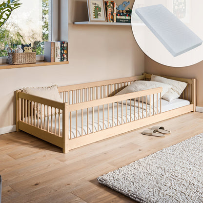 Kinderbett Bodenbett 90x200 | 120x200 | 140x200cm Bett mit Rausfallschutz & Lattenrost Montessori Bett Bed Gitterbett Kinder Jugendbett Einzelbett optional mit Matratze | weiß oder natur Kiefer Holz massiv Junge Mädchen