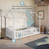 Kinderbett Hausbett Bodenbett 90x200 cm Bett mit Rausfallschutz & Lattenrost Montessori Bett Bed Gitterbett Kinder Jugendbett Einzelbett | weiß Kiefer Holz massiv Junge Mädchen