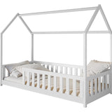 Kinderbett Hausbett Bodenbett 90x200 cm Bett mit Rausfallschutz & Lattenrost Montessori Bett Bed Gitterbett Kinder Jugendbett Einzelbett | weiß Kiefer Holz massiv Junge Mädchen
