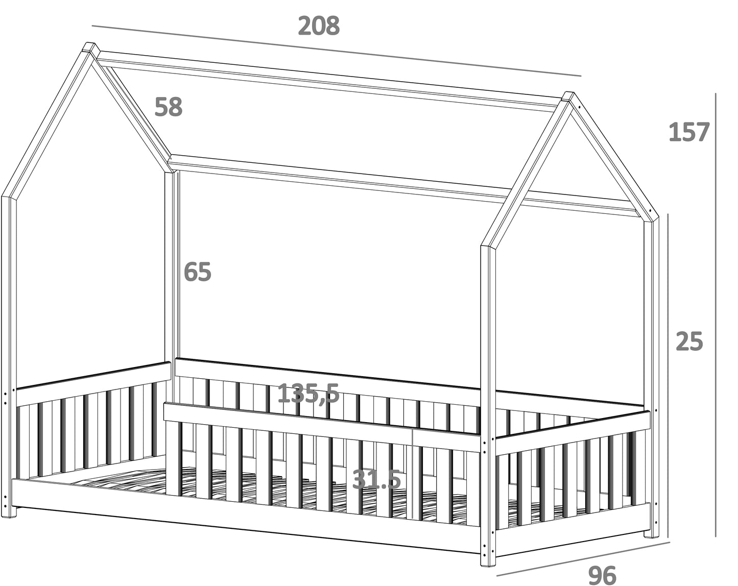 Kinderbett Hausbett Bodenbett 90x200 cm Bett mit Rausfallschutz & Lattenrost Montessori Bett Bed Gitterbett Kinder Jugendbett Einzelbett | weiß Kiefer Holz massiv Junge Mädchen