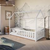 Kinderbett Hausbett Bodenbett 90x200 cm Bett mit Rausfallschutz & Lattenrost Montessori Bett Bed Gitterbett Kinder Jugendbett Einzelbett | weiß Kiefer Holz massiv Junge Mädchen