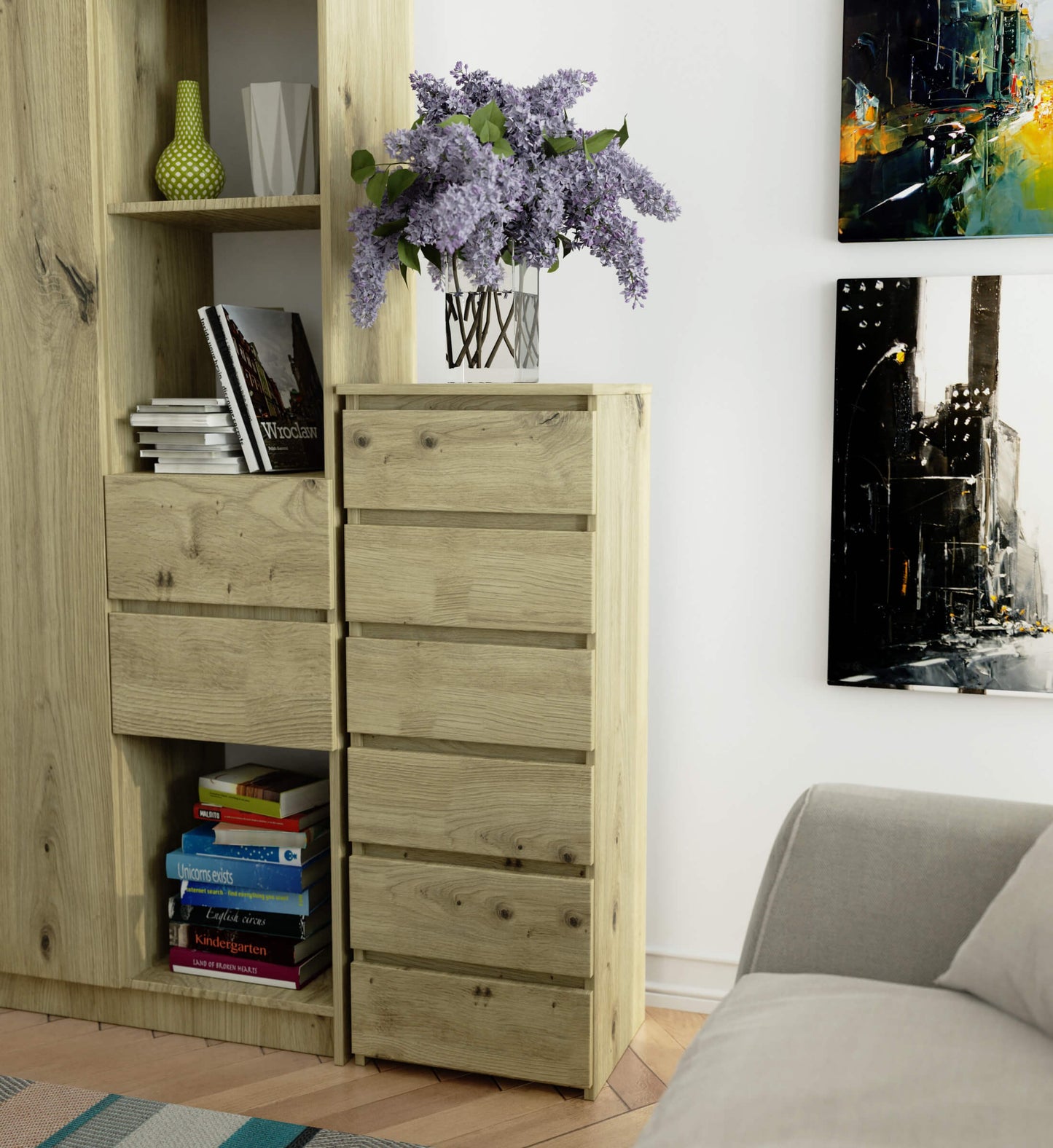 Kommode mit 6 Schubladen Kommode Schlafzimmer Flur  Wohnzimmer Organizer Kommode mit Schubladen 40 cm breit 109 cm hoch | Holz Highboard Sideboard Mehrzweckschrank Schrank schmal