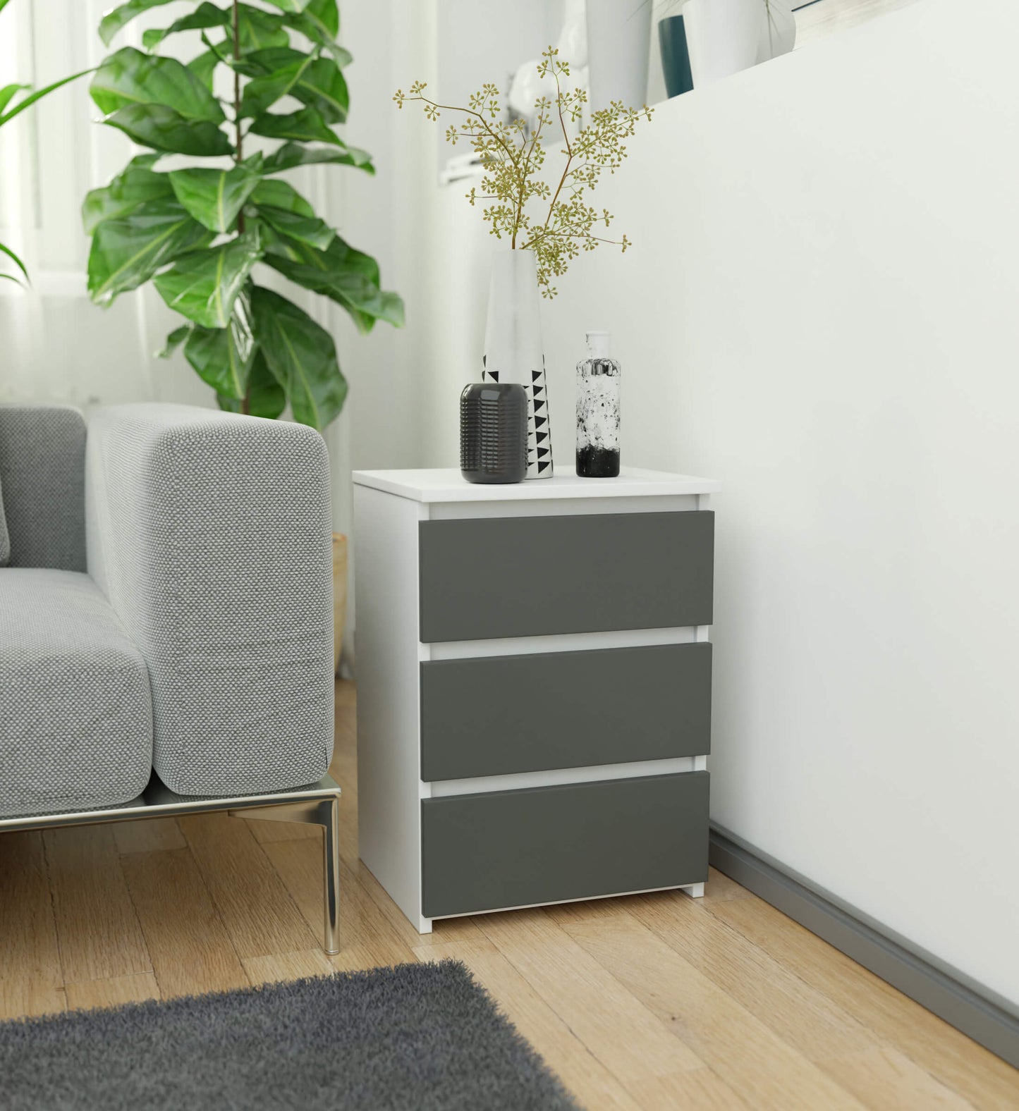 Kommode mit drei Schubladen, elegant, für minimalistische Innenräume, 40x35x57cm, Wohnzimmer, Schlafzimmer, Flur, Schrank, Sideboard, Highboard, viel Stauraum, weiß