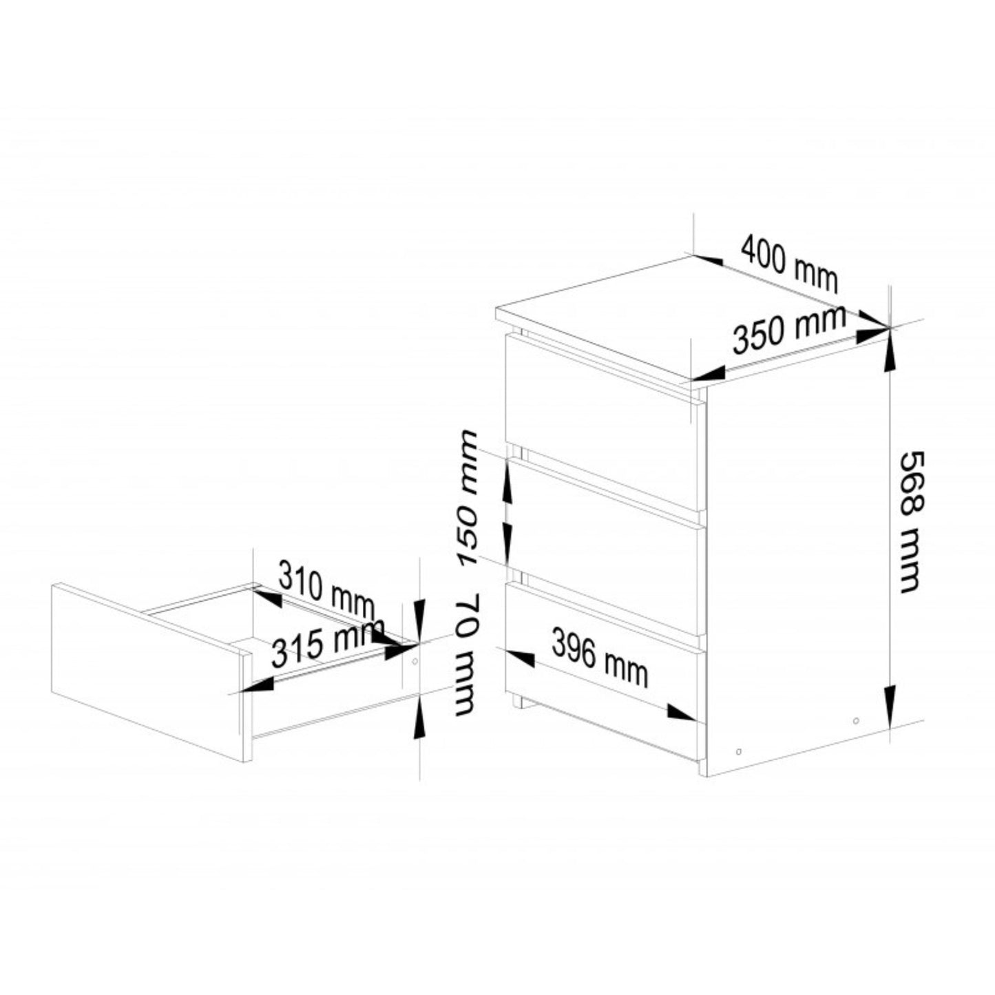 Kommode mit drei Schubladen, elegant, für minimalistische Innenräume, 40x35x57cm, Wohnzimmer, Schlafzimmer, Flur, Schrank, Sideboard, Highboard, viel Stauraum, weiß