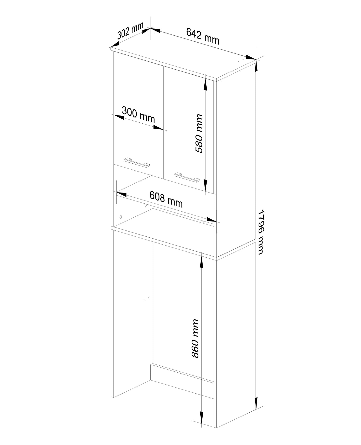 Meuble lave-linge 64x30x180cm, meuble haut de salle de bain, avec 2 portes et 4 étagères meuble de salle de bain étagère de salle de bain couloir