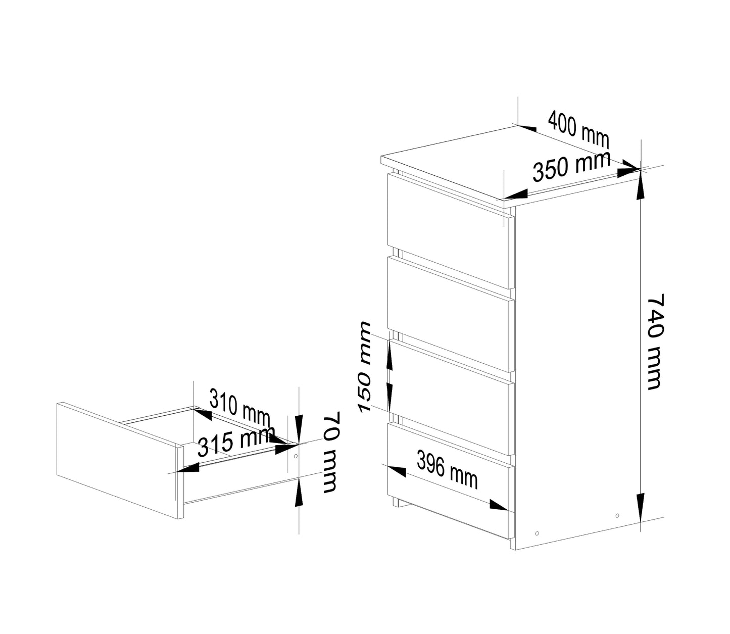 Kommode mit vier Schubladen, elegant, für minimalistische Innenräume, 74 cm hoch und 40 cm breit, Wohnzimmer, Schlafzimmer, Flur, Schrank, Sideboard, Highboard, viel Stauraum, weiß