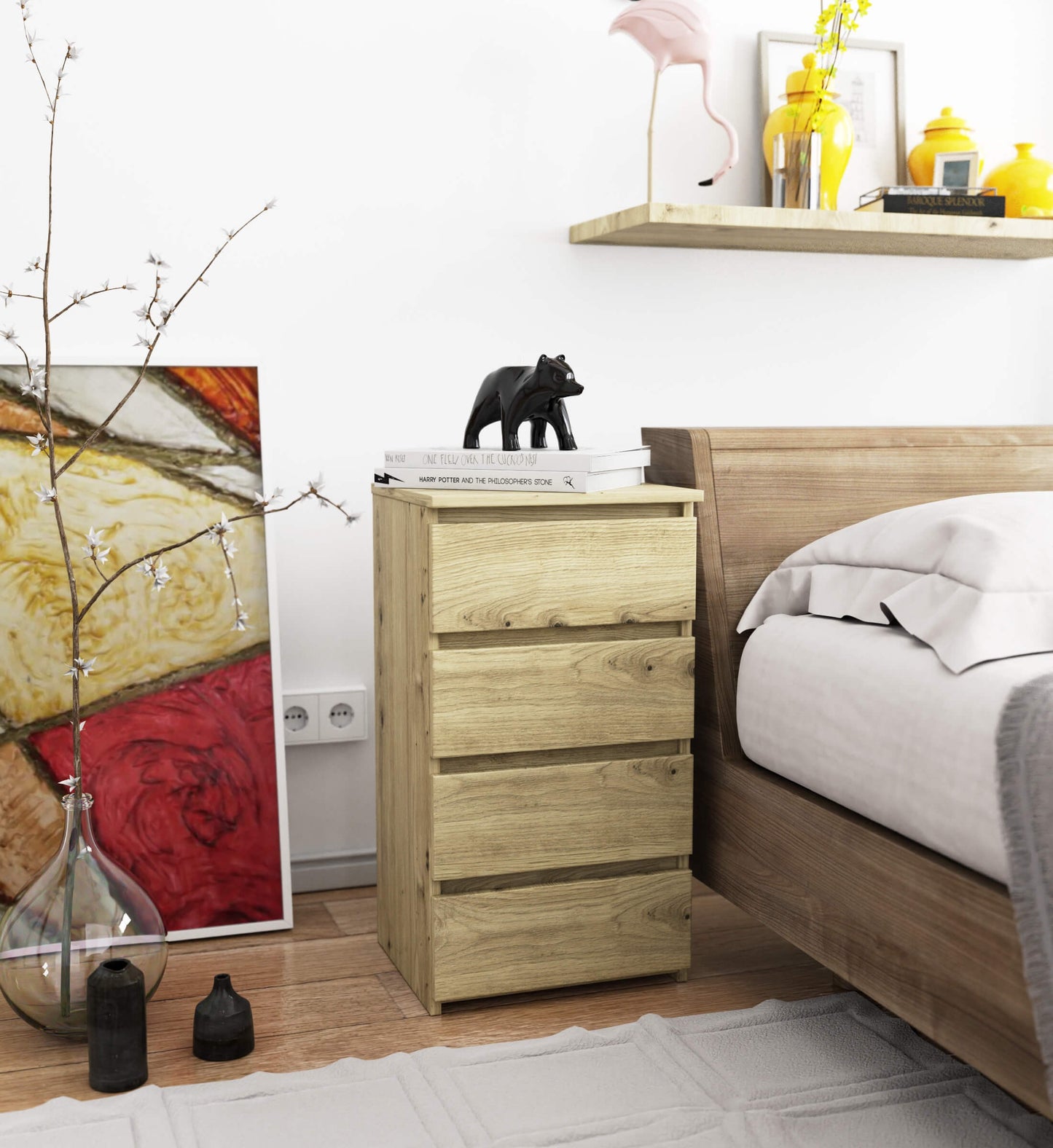 Kommode mit vier Schubladen, elegant, für minimalistische Innenräume, 74 cm hoch und 40 cm breit, Wohnzimmer, Schlafzimmer, Flur, Schrank, Sideboard, Highboard, viel Stauraum, weiß