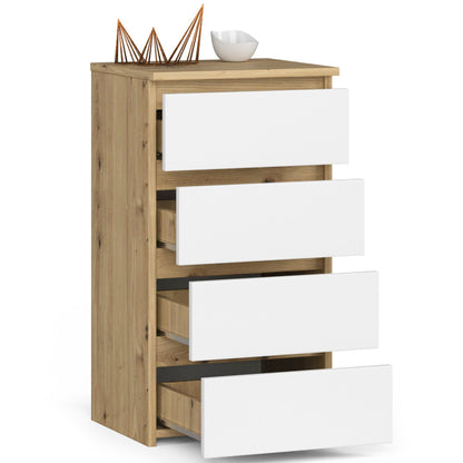 Kommode mit vier Schubladen, elegant, für minimalistische Innenräume, 74 cm hoch und 40 cm breit, Wohnzimmer, Schlafzimmer, Flur, Schrank, Sideboard, Highboard, viel Stauraum, weiß