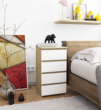 Kommode mit vier Schubladen, elegant, für minimalistische Innenräume, 74 cm hoch und 40 cm breit, Wohnzimmer, Schlafzimmer, Flur, Schrank, Sideboard, Highboard, viel Stauraum, weiß