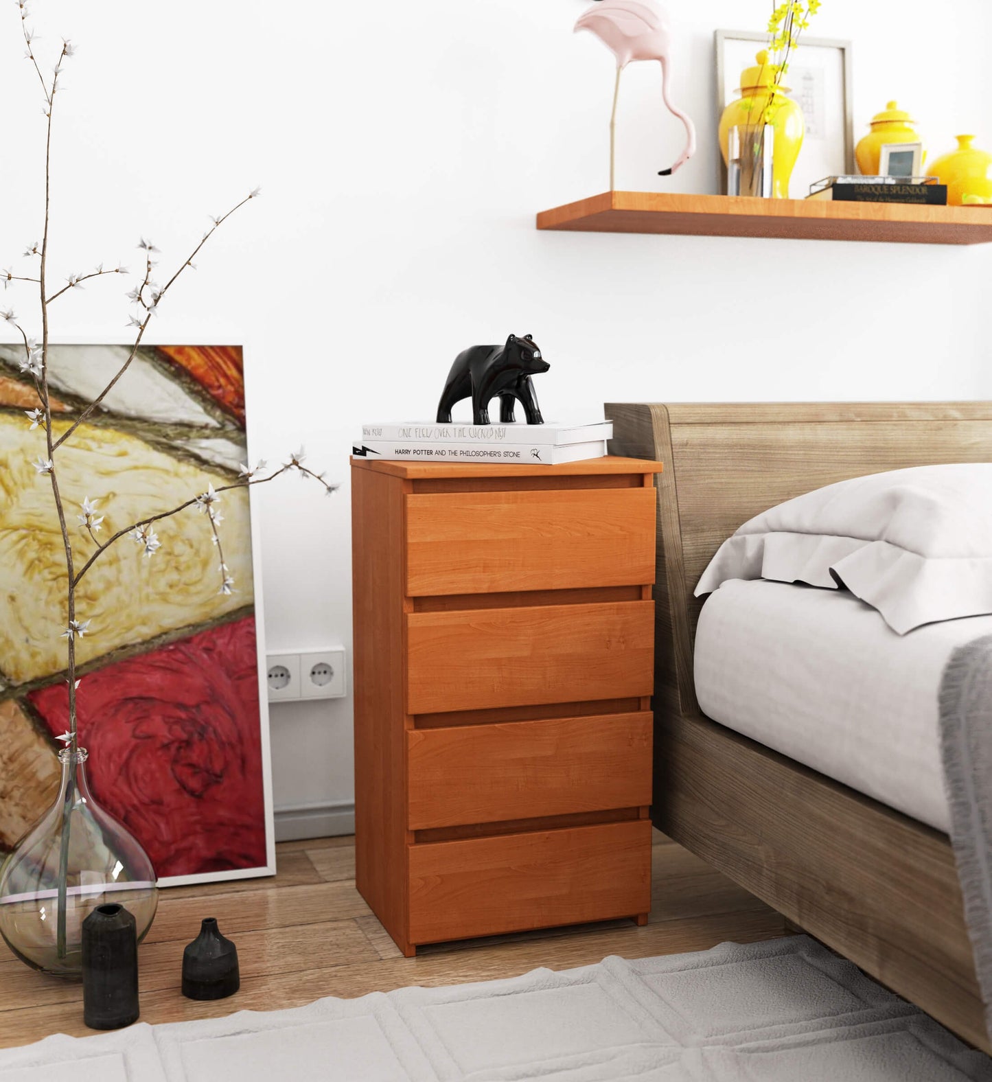 Kommode mit vier Schubladen, elegant, für minimalistische Innenräume, 74 cm hoch und 40 cm breit, Wohnzimmer, Schlafzimmer, Flur, Schrank, Sideboard, Highboard, viel Stauraum, weiß