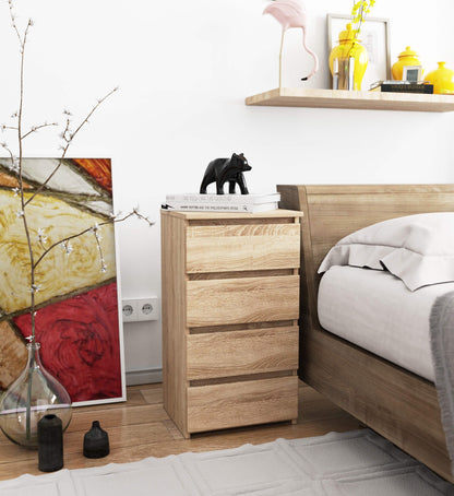 Kommode mit vier Schubladen, elegant, für minimalistische Innenräume, 74 cm hoch und 40 cm breit, Wohnzimmer, Schlafzimmer, Flur, Schrank, Sideboard, Highboard, viel Stauraum, weiß