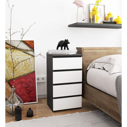 Kommode mit vier Schubladen, elegant, für minimalistische Innenräume, 74 cm hoch und 40 cm breit, Wohnzimmer, Schlafzimmer, Flur, Schrank, Sideboard, Highboard, viel Stauraum, weiß