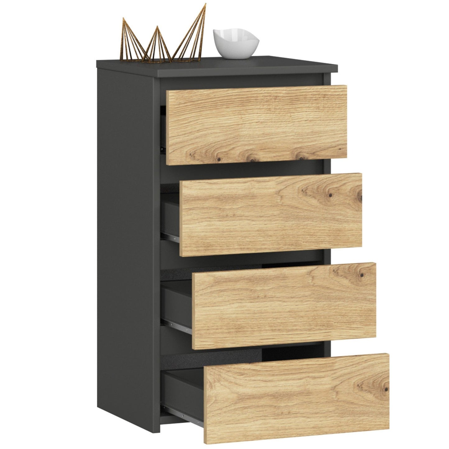 Kommode mit vier Schubladen, elegant, für minimalistische Innenräume, 74 cm hoch und 40 cm breit, Wohnzimmer, Schlafzimmer, Flur, Schrank, Sideboard, Highboard, viel Stauraum, weiß