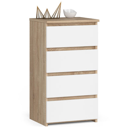 Kommode mit vier Schubladen, elegant, für minimalistische Innenräume, 74 cm hoch und 40 cm breit, Wohnzimmer, Schlafzimmer, Flur, Schrank, Sideboard, Highboard, viel Stauraum, weiß